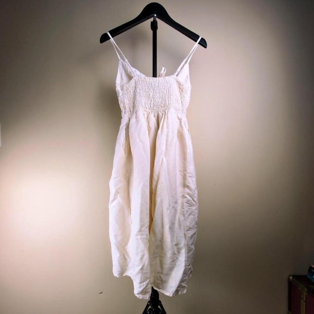 Linen Blend Tie Front Cream Smocked Dress with Pockets and Button Detail XS - Picture 4 of 6
